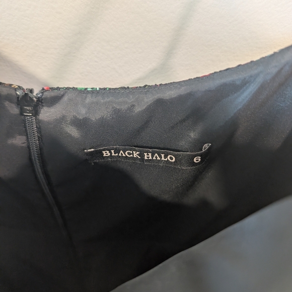 Black Halo Multicolored Overlay Spaghetti Strap Mini Dress Sz. 6 - Picture 4 of 10